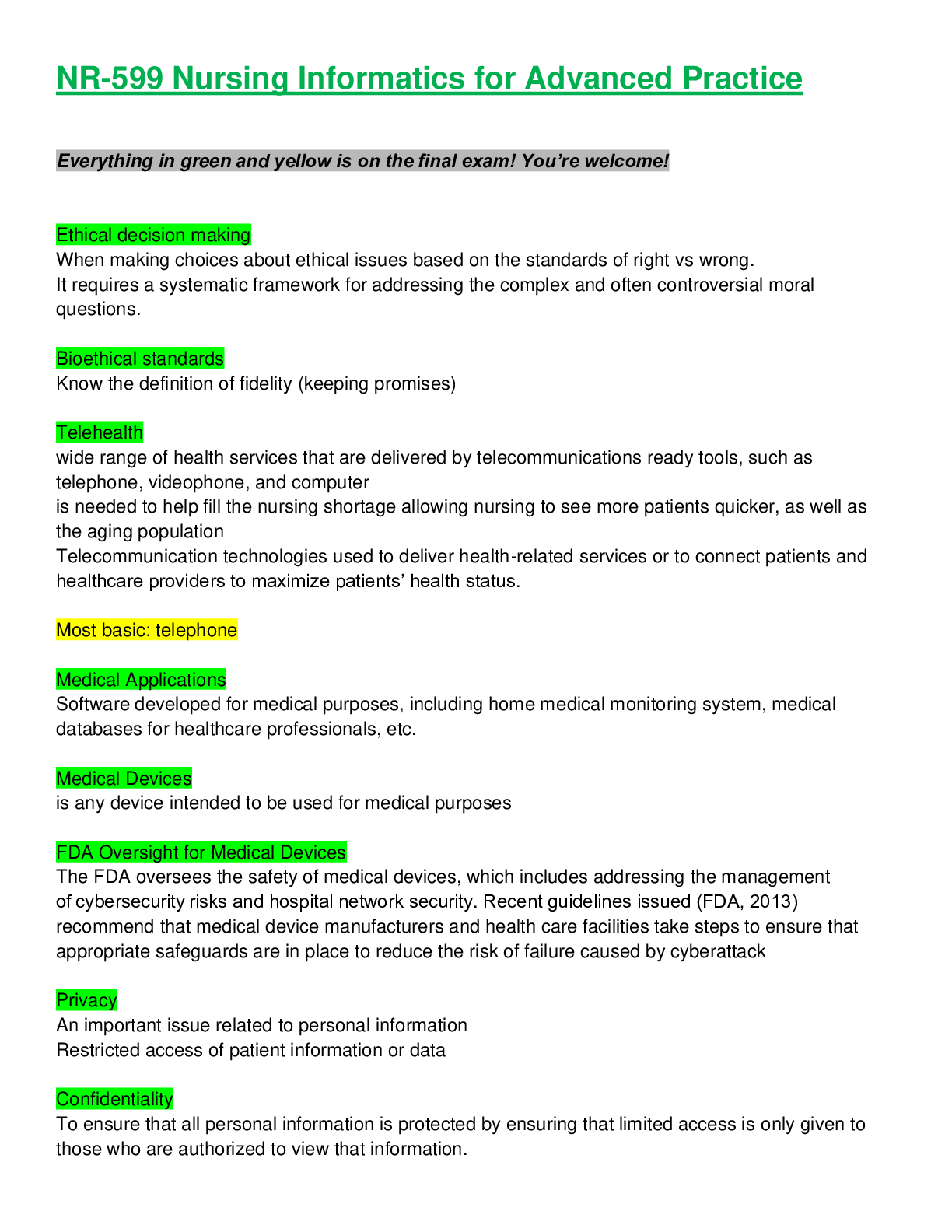 Preview of NR 599 / NR599 / NR-599: Nursing Informatics for Advanced Practice FINAL EXAM STUDY GUIDE